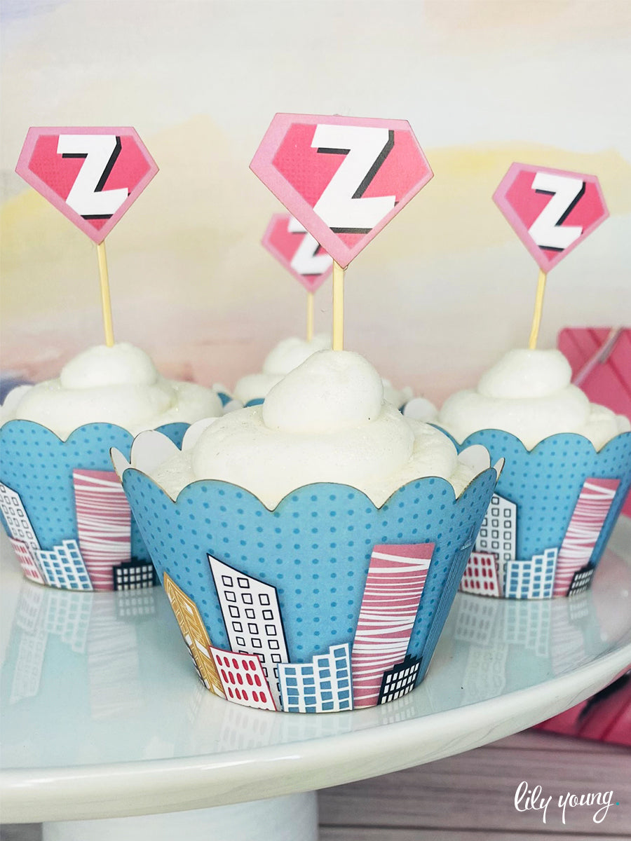 Superhero Girl Cupcake wrapper & topper Pack of 12 Lily Young Designs