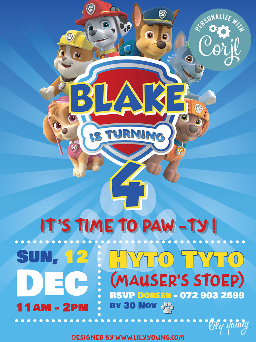 Paw Patrol Online Invitation | Birthday’s | Lily Young – Lily Young Designs