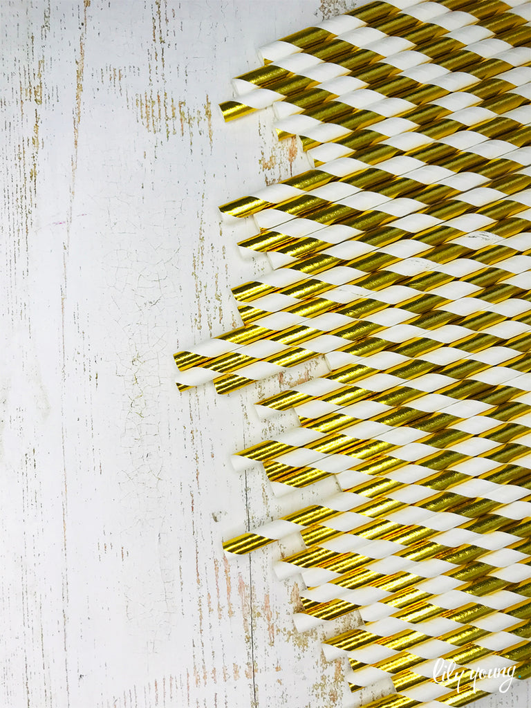 Standard White/Gold Stripe Straws - Pack of 25