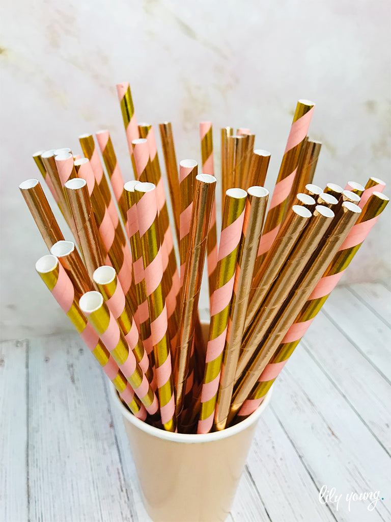 Standard Gold/Pink Stripe Straws - Pack of 25