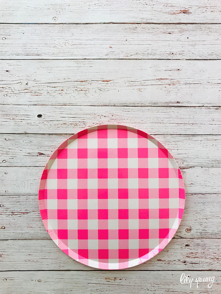 Standard Flat Pink Check Paper Plate - Pack of 12