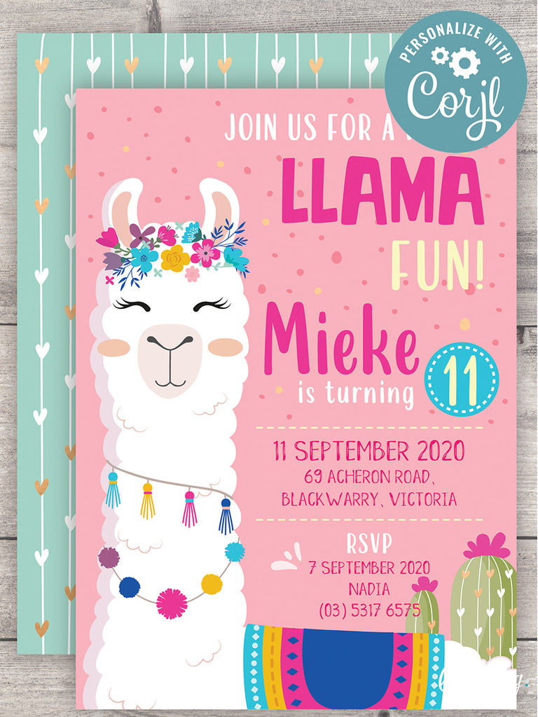 EDITABLE Pink/Blue Llama E-Invitation