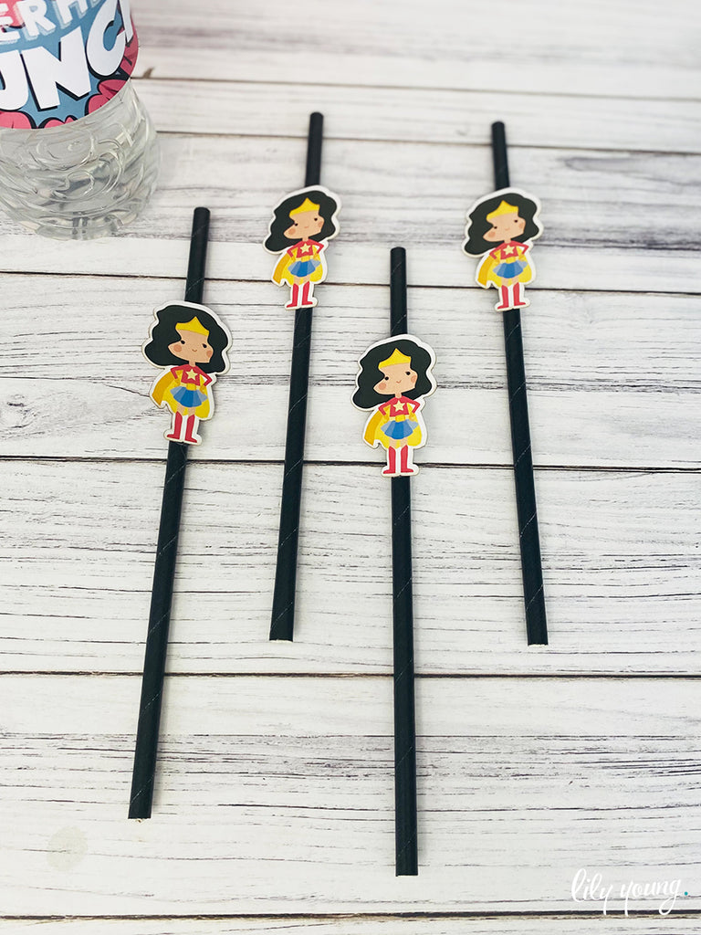 Superhero Girl Straw Flag set - Pack of 12