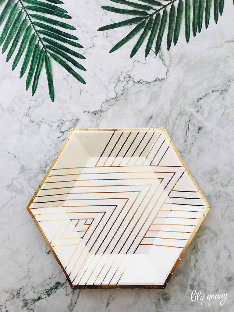 Standard White/Gold Hexagon Paper Plate - Pack of 12