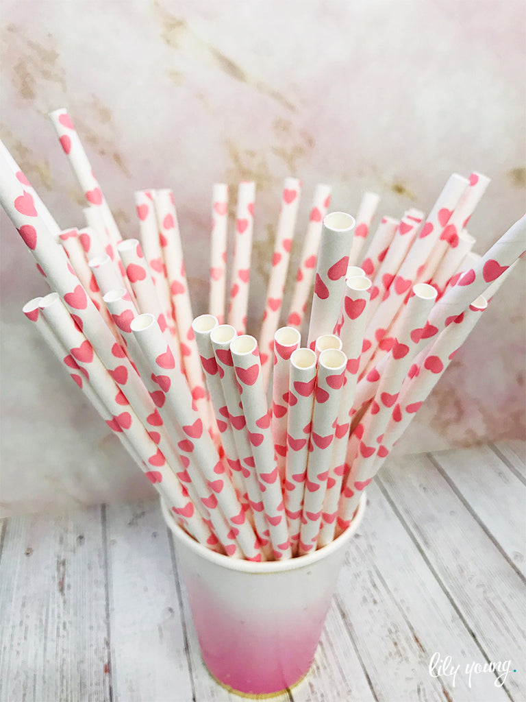 Standard White/Pink Heart Straws - Pack of 25